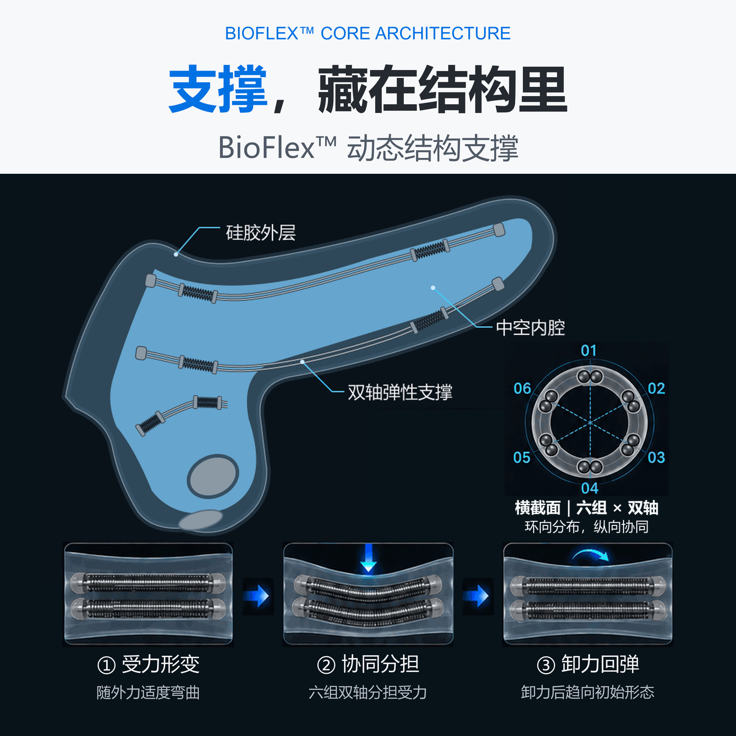 BioFlex 内部结构图,标注硅胶外层、中空内腔及六组双轴弹性支撑