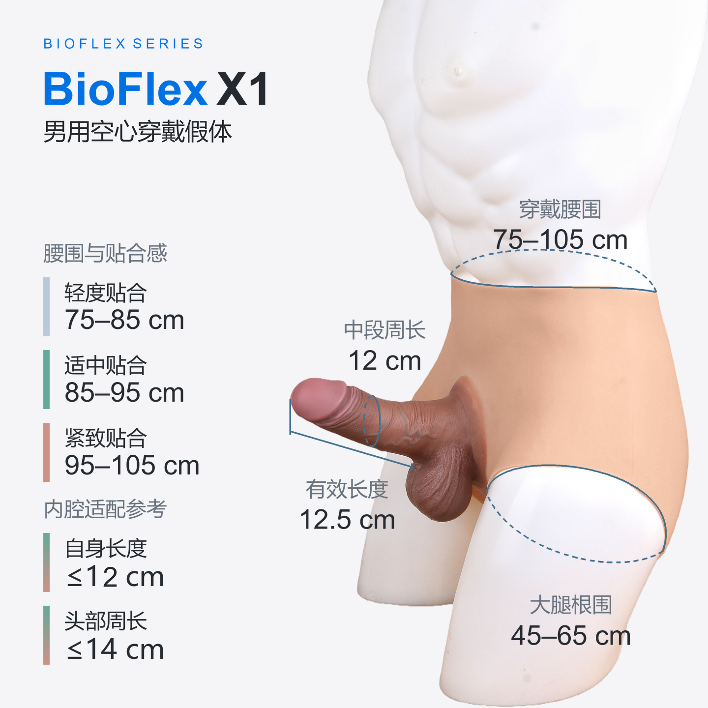 BioFlex X1 型号选项图,外部有效长度12.5厘米,中段周长12厘米