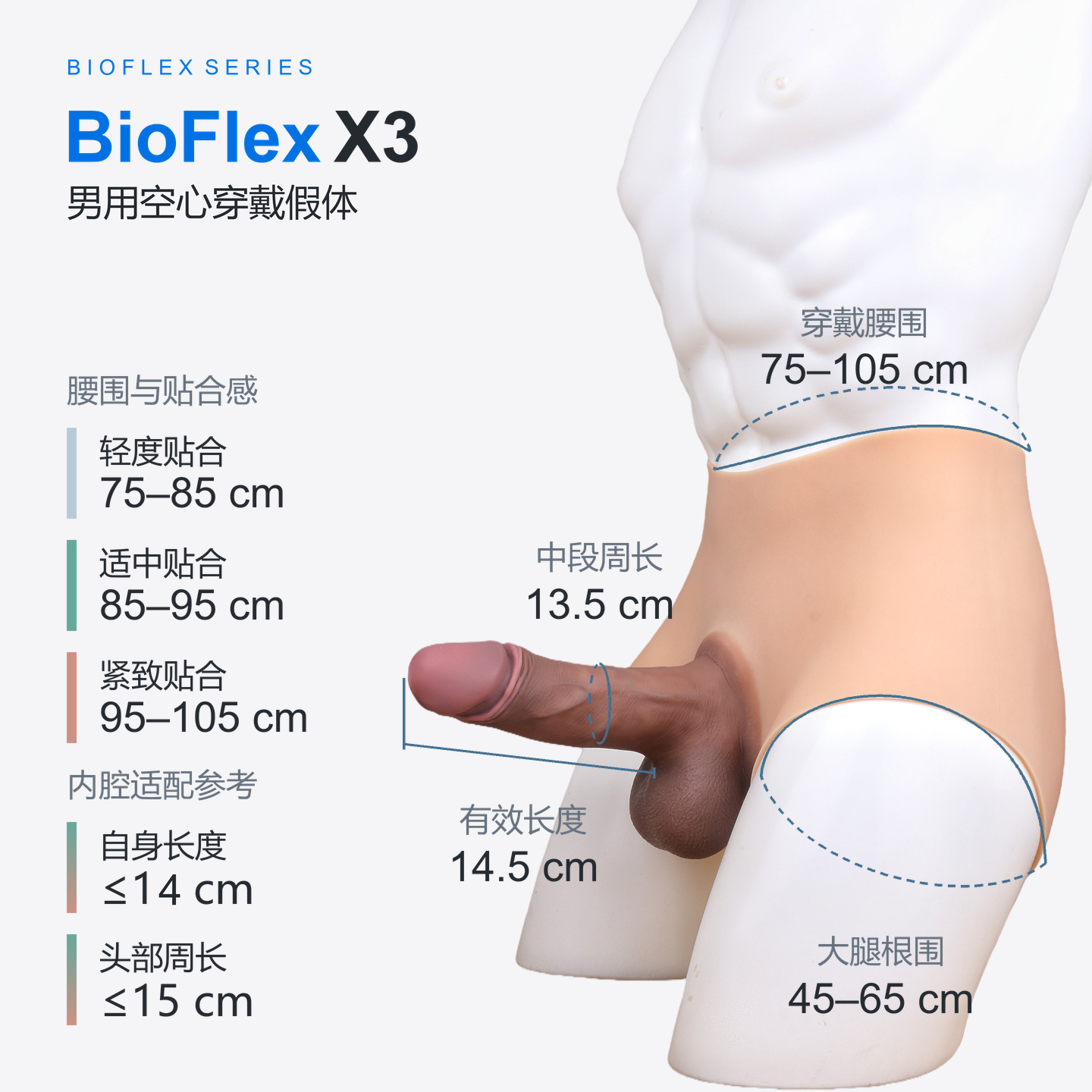 BioFlex X3 型号选项图,外部有效长度14.5厘米,中段周长13.5厘米